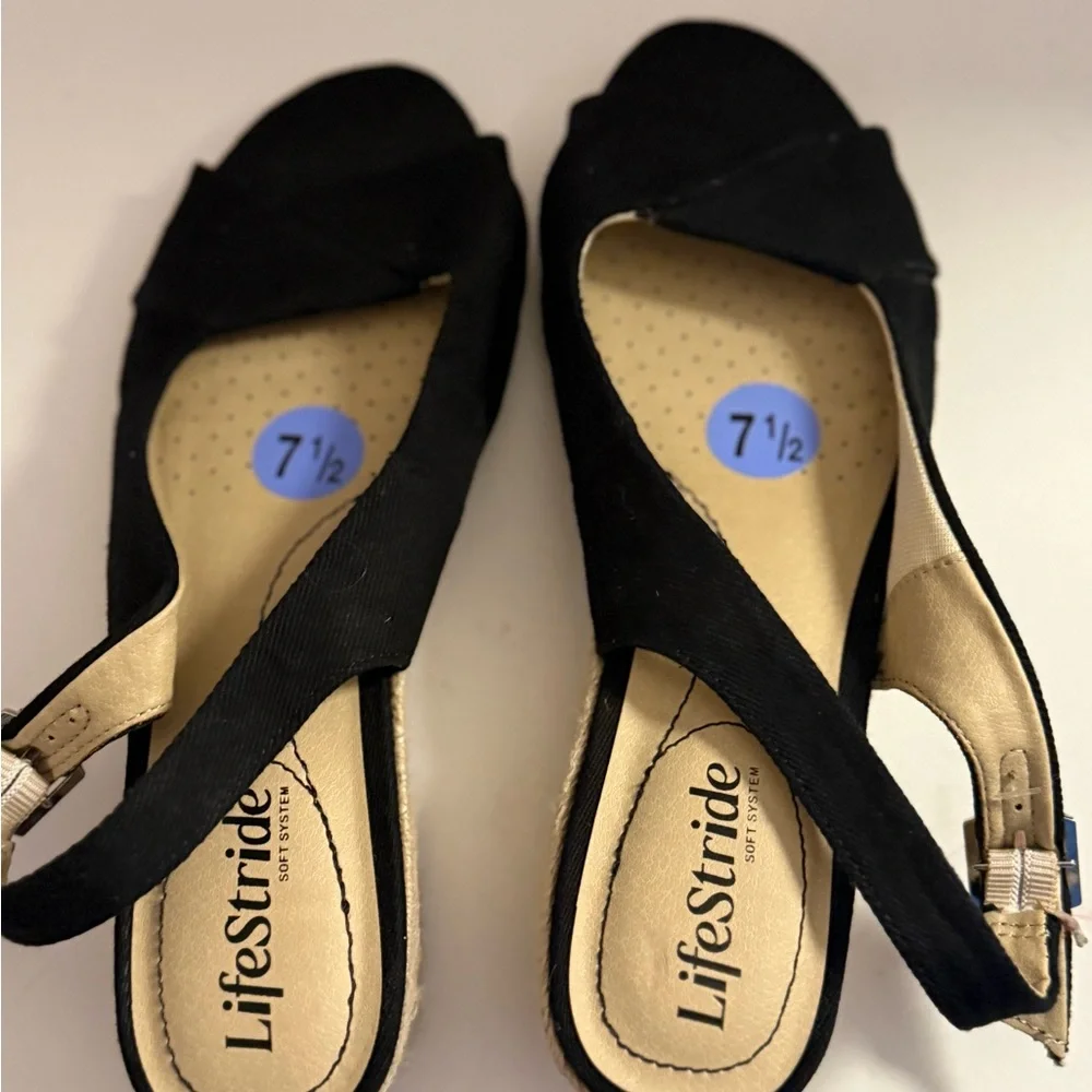 Life Stride Socialite Black Canvas Slingback Sandals Women’s 7.5